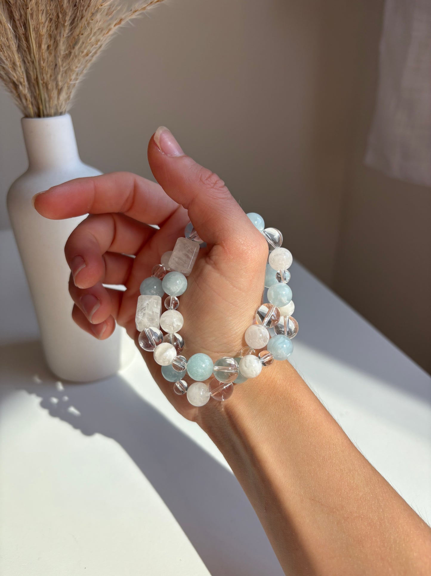 Bracciale Quarzo Ialino, Acquamarina e Quarzo Giardino Bianco